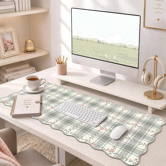 iCasso Leather Scalloped Checkered Desk Mat, XXL Flower Mouse Pad, Back to School Desk Matt for Desktop, Anti-Slip Big Cute Mousepad with Stitched Edges for Home Office Decor (Light Green)