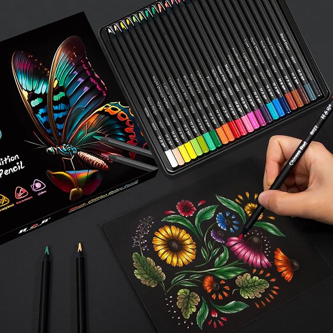 H & B 72-Color Oil-Based Colored Pencils Set with Tin Case – Triangular Grip, Vibrant Soft Core, Black Paper Swatch Sheet & Mandala Stencils for Adults, Beginners & Artists