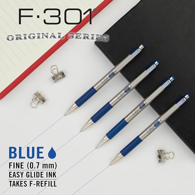 Zebra Pen F-301 STEEL Retractable Ballpoint Pen, Blue Ink, 0.7mm, 2-Pack