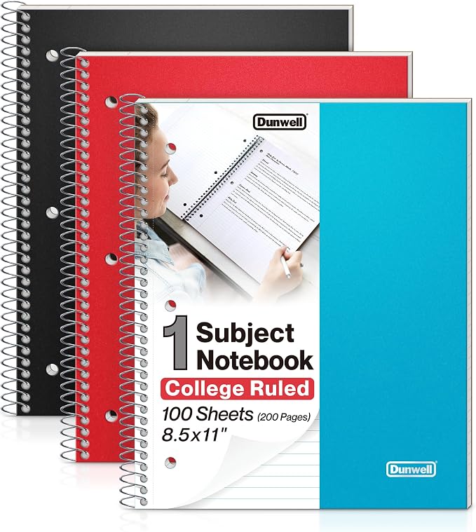 Dunwell College Ruled Spiral Notebook, (3-Pack, Red, Blue, Black) 1 Subject Notebook 8.5 x 11, Plastic Covers, Poly Pocket Dividers, 100 Sheets (200 Pages), 3-Hole Punched Perforated Paper