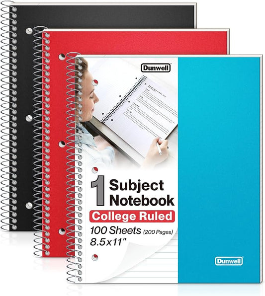 Dunwell College Ruled Spiral Notebook, (3-Pack, Red, Blue, Black) 1 Subject Notebook 8.5 x 11, Plastic Covers, Poly Pocket Dividers, 100 Sheets (200 Pages), 3-Hole Punched Perforated Paper