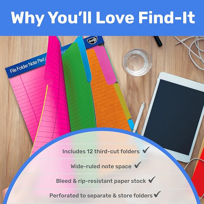Find It File Folder Notepad - Pack of 12-9.5 x 12.5 Inch Notebook Organizer Folders for Filing, Document, and Clipboard Organization - Assorted Neon Colors | Wide-ruled clipboard-style pages, tear-out perforated sheets, great for office, home, and scho...