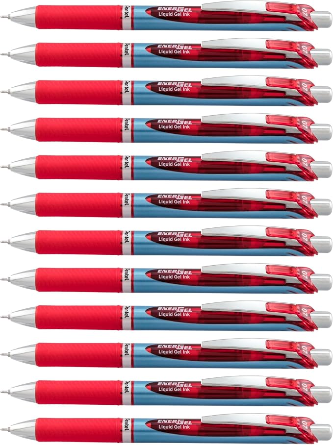 Pentel EnerGel Deluxe RTX Retractable Liquid Gel Pen, Medium Line, Needle Tip, Red Ink, Box of 12 (BLN77-B)