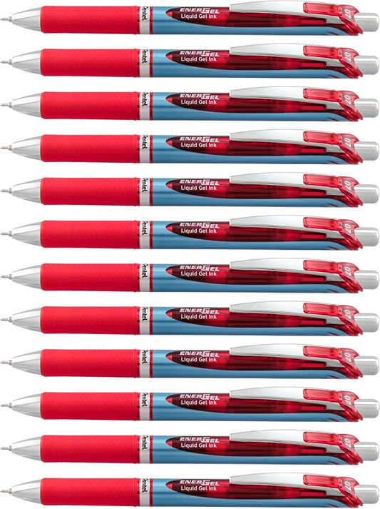 Pentel EnerGel Deluxe RTX Retractable Liquid Gel Pen, Medium Line, Needle Tip, Red Ink, Box of 12 (BLN77-B)