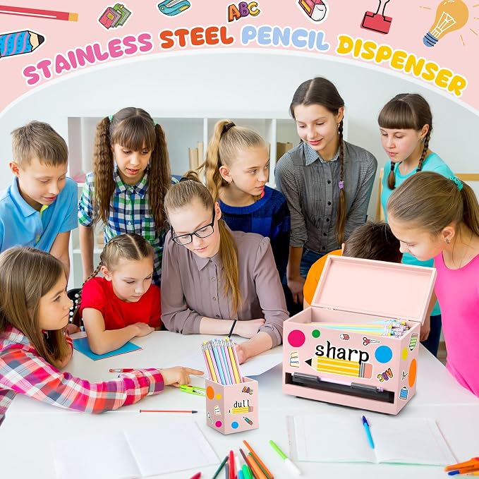 Mifoci 8 Pcs Wooden Pencil Dispenser Kit for Classroom Wooden Pen Holder Straw Dispenser Sharp and Dull Letter Stickers for Teachers Classroom Supplies Storage (Pink)
