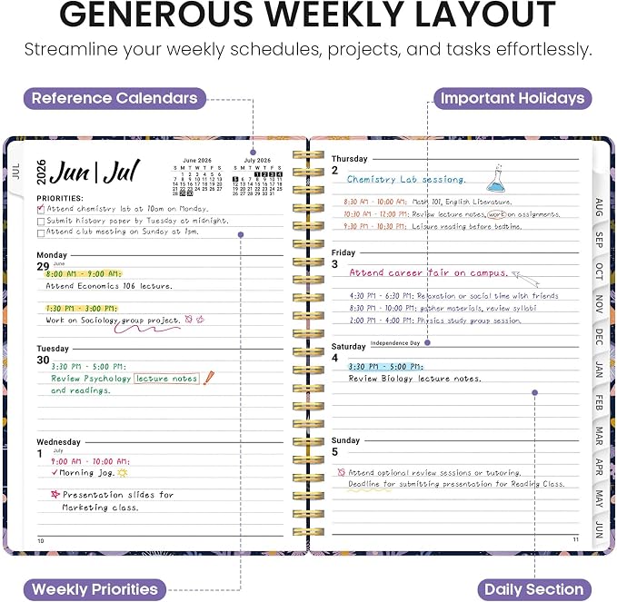 Planner 2026-2027, Academic Year Monthly and Weekly Calendar Planner, Jul 2026 - Jun 2027, Hardcover Teacher Student Planning Agenda book with Tabs, Perfect for School Office Supplies, 6.3" x 8.5" - Mushroom Garden