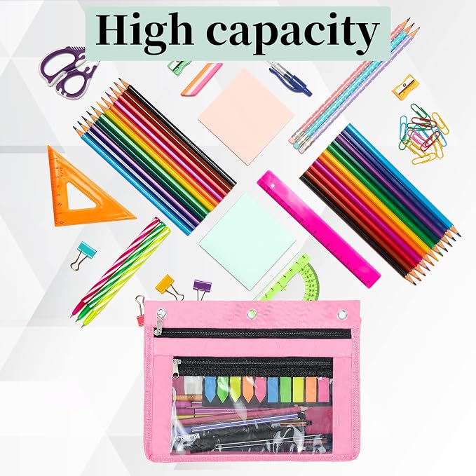 YoeeJob 2 Pack 1 Inch Expandable Zipper Pencil Pouches with Clear Window for 3 Ring Binder, Suitable for School & Office (Grey+Pink)
