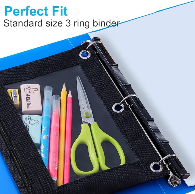 Sooez Pencil Pouch for 3 Ring Binder, 2 Pack Fabric Binder Pouch with 2 Pockets, Pencil Bags with Zipper and Reinforced Grommets, Pencil Cases for Binder