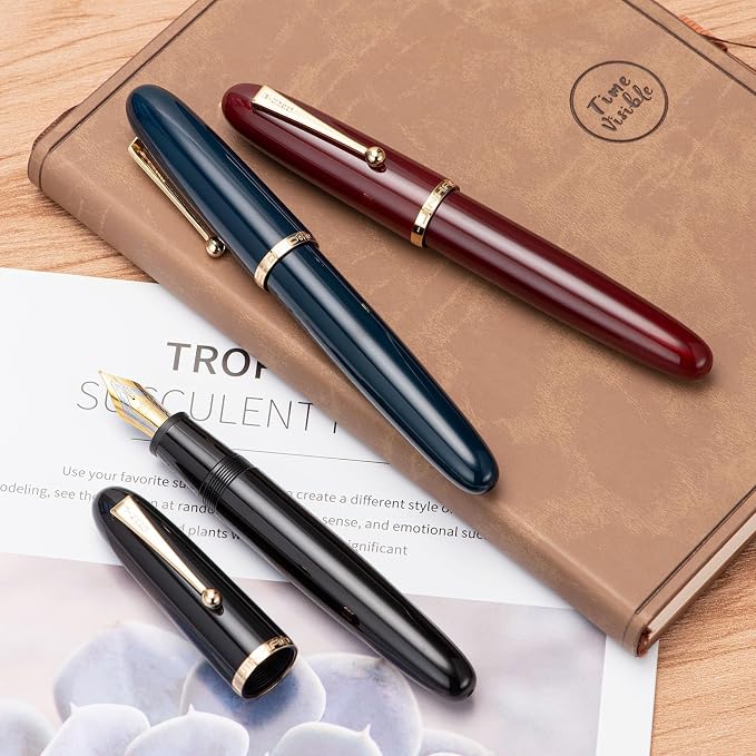 Jinhao 9019 DaDao Series Fountain Pen, Size 8 Fine Nib with Large Ink Converter, Dark Blue Acrylic Design Smooth Writing Pen (Gold Trim)