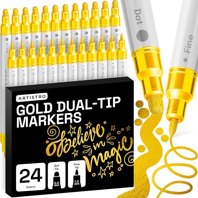 ARTISTRO 24 Gold Dual-Tip Acrylic Paint Markers – Paint Pens Set with Dot & Fine Tips for Fabric, Rock, Glass, Wood, Coloring Books – Arts & Crafts Gift – Classroom Must Haves & School Supplies