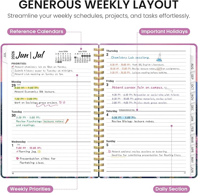 Planner 2026–2027, Academic Monthly Weekly Spiral Calendar, July 2026 – June 2027, Hardcover Agenda Notebook with Tabs, 6.3" x 8.5", Perfect for Students, Teachers, School & Daily Planning - Twilight Bloom