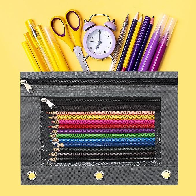 Pencil Pouch 3 Ring Binder Pouch Zippered Pencil Case Canvas Pencil Bag with 2 Compartments (Set of 2, Pink and Grey)