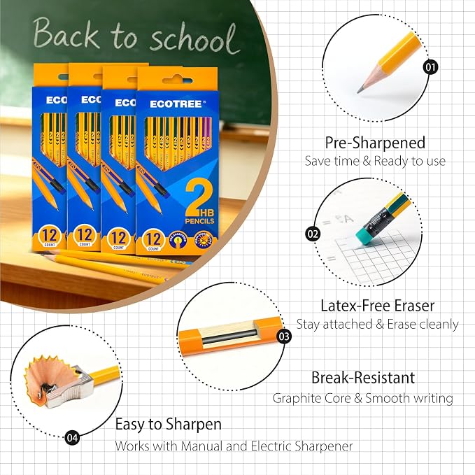 ECOTREE Pre-Sharpened Pencils #2 HB, Wood-Cased Number 2 Pencils with Erasers for Writing, Drawing, Sketching, Yellow Pencil Bulk for School Supplies, 216 Count