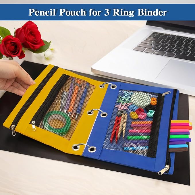Pencil Pouch for 3 Ring Binder 8 Pack Pencil Bags with Zipper Pencil Case for Binder Large Pencil Case Pouch 3 Ring with Clear Mesh Window Double Pockets Office Supplies Assorted Color