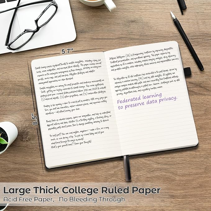 College Ruled Notebook, Hardcover Leather Journal for Women Men, A5, Lined | No Bleed Thick Paper for Smooth Writing, Lay Flat, A5 Portable Size for Work, School, and Travel, Professional Business Style