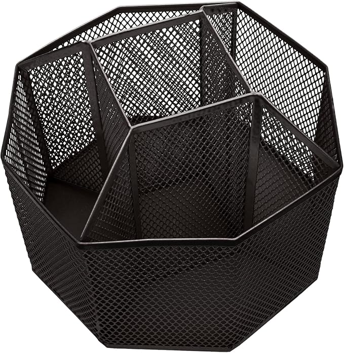 Annova Mesh Desk Organizer Rotate with 5 Compartments Spinning Tidy Candy/Pen Holder Office, Art Supply, Storage, Classroom, Home (Black)
