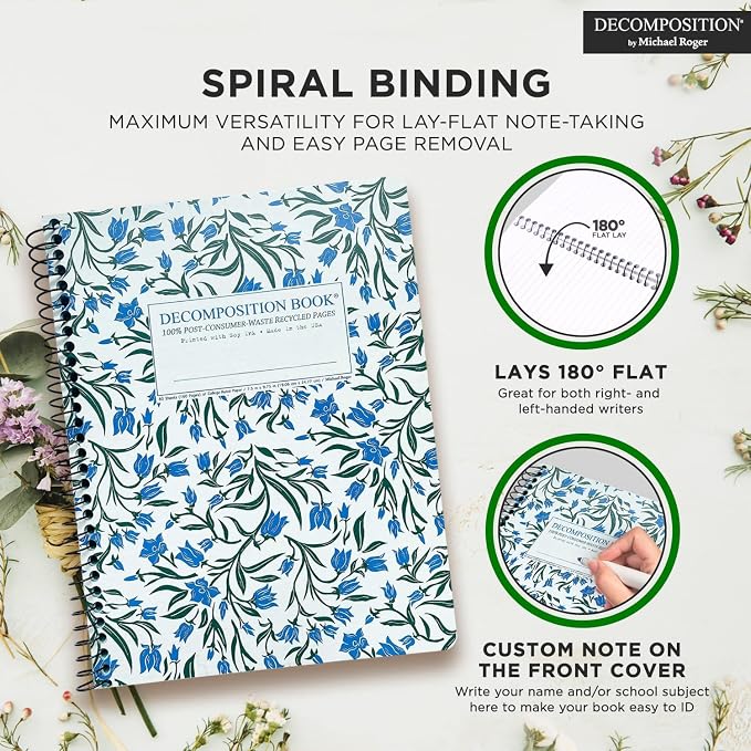 Decomposition Bluebells College Ruled Spiral Notebooks – 9.75 x 7.5 Journal with 160 Lined Pages – Notebooks for School Supplies, Home & Office – 100% Recycled Paper – Made in USA