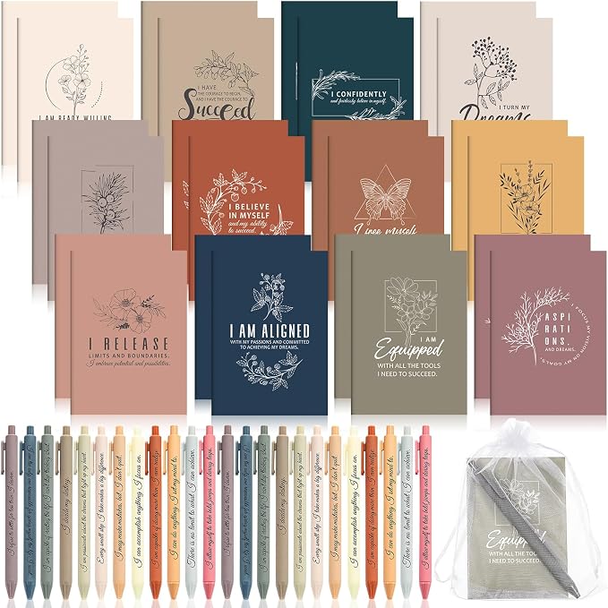 Mooliwe 48 Pcs Positive Affirmation Gift Set Gratitude Notebooks with Pens Small Bags Motivational Encouragement Notepads Daily Affirmations Journal for Women Stress Relief Self Care (Simple)