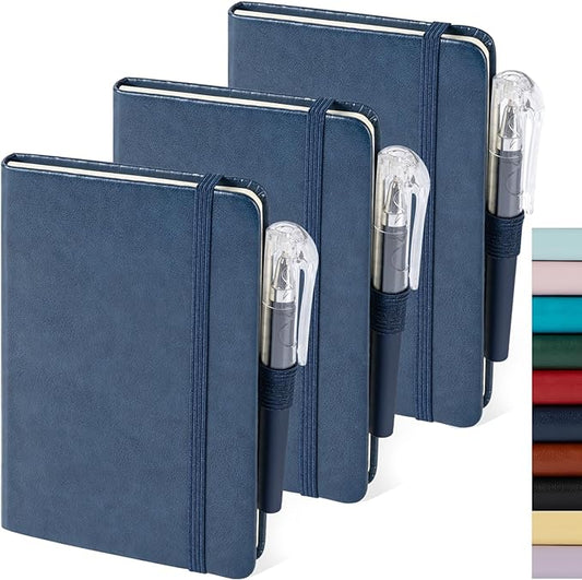 NIRMIRO Pocket Notebook Journals, 3 Pack Mini Small Notebooks for Work, Leather Cover Notepad with 3 pens, Elastic Closure, Blue