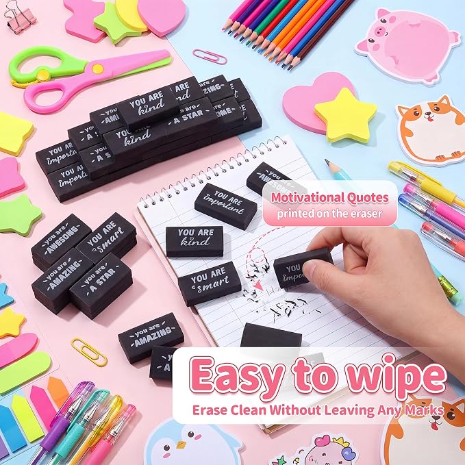 Resurhang 180 Pcs Erasers Bulk for Kids Inspirational Pencil Erasers Bulk for Drawing Motivational Big Eraser School Supplies for Classrooms Back to School Office (Motivational,Black)