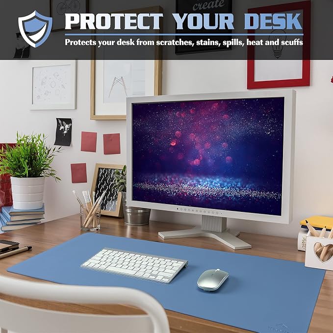K KNODEL Small Desk Protector Mat, Leather Desk Pad (23.6"x13.8", Blue) | Non-Slip Desk Mat, Desk Pads and Blotters, Desktop Mat, Desk Protector and Cover, Office Computer, Laptop and Keyboard Mat