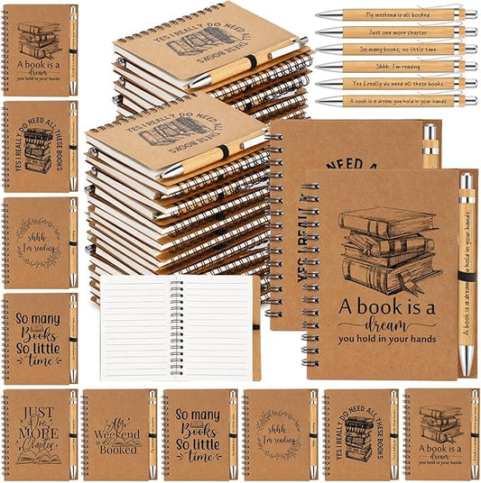 Thenshop 30 Sets Book Lover Gift Librarian Inspirational Spiral Notebook Pen Bulk Book Club Gift Reading Journal Librarian Back to School Gifts for Women Reader Teacher Bookish Bookworm (Brown)