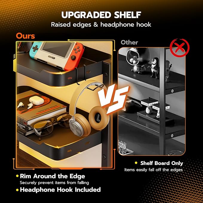 ARES WING 2-Tier 16 inch Clamp On Desk Shelf, Above or Under Desk Storage | Adjustable Desktop Organizer Shlef Holds 66 lbs Heavy Duty, with Headphone Holder for Working and Gaming Accessories, Black