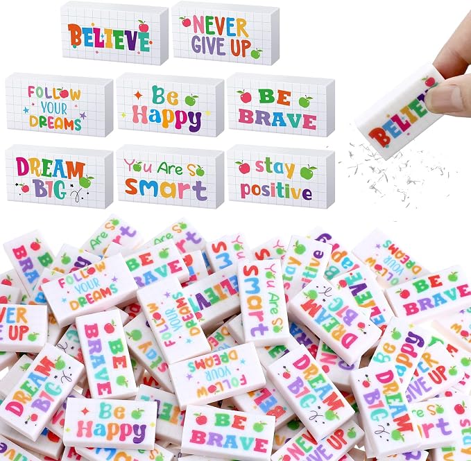 Dunzoom 100 Pcs Back to School Inspirational Pencil Erasers Bulk for Kids Fun Motivational Eraser School Office Supplies for Students Classroom Office Teacher Artists(Lovely)