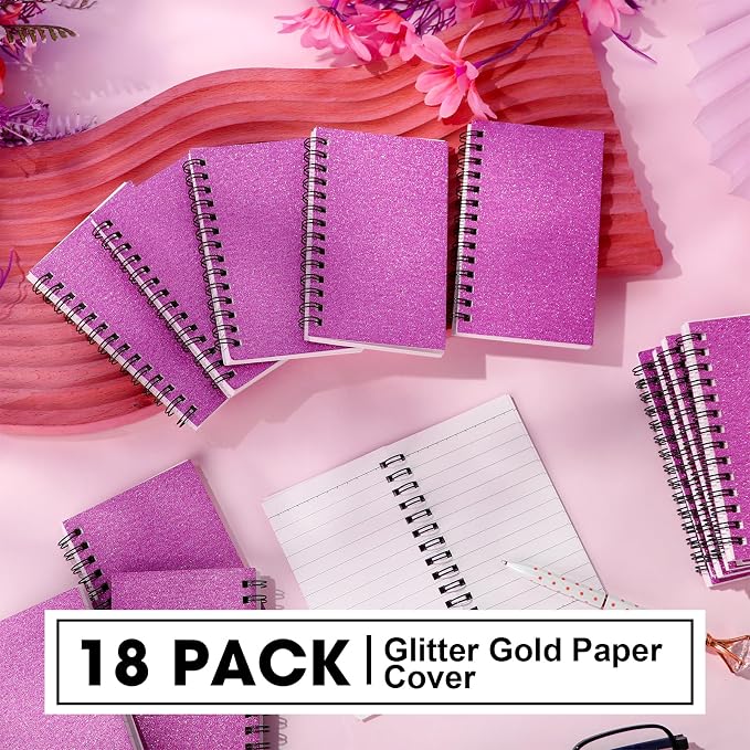 Jutom 18 Pcs Small Spiral Notebooks Memo Pads 3x5 Bulk Small Pocket Notepads Back to School Supplies Mini Notebook with Lined Mini Journals for Office & Work, 120 Pages (Glitter Pink)