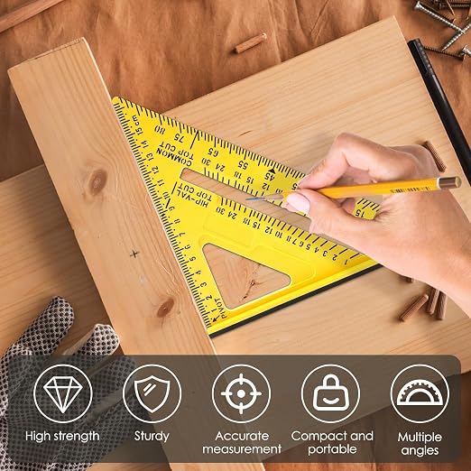 7 Inch Woodworking Triangle Ruler, Metric and Imperial Plastic Carpenter Square, Precision Right Angle Measuring Ruler, Clear Scale Square Protractor for Woodworking and Carpentry (Yellow)