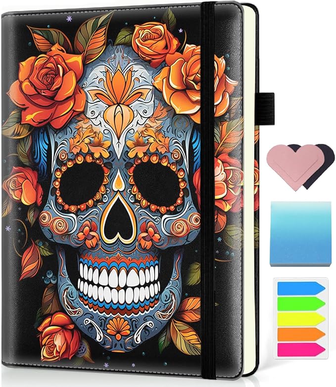 Hardcover Executive Notebooks, A5 PU Leather Lined Journal Notebook, 200 Pages Thick Paper Subject Notebooks for School,Work,Home Writing Business Notebook, Diary Book ， Sugar Skull Flower