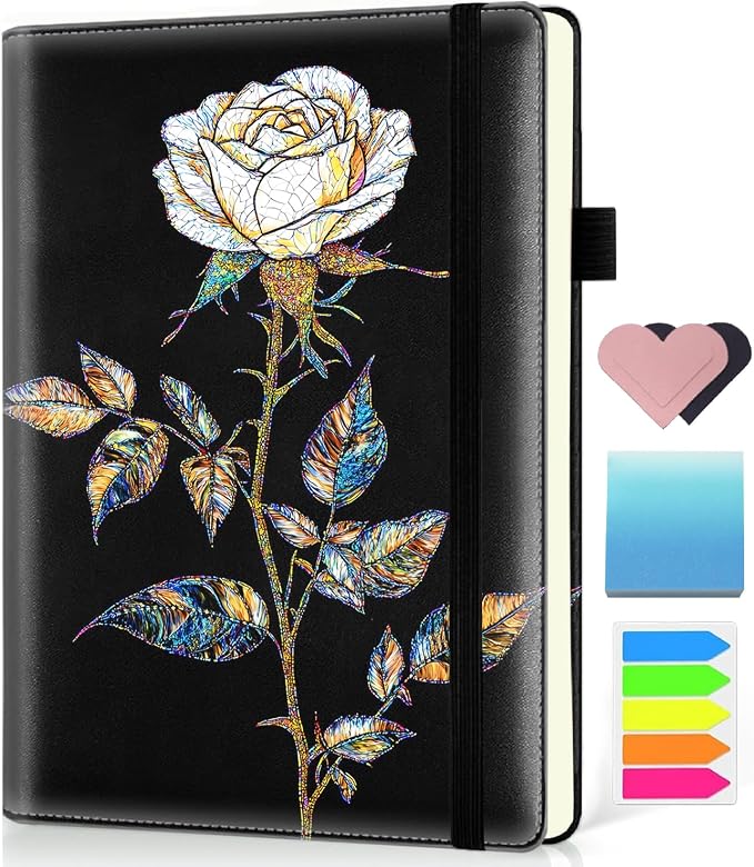 Hardcover Executive Notebooks, A5 PU Leather Lined Journal Notebook, 200 Pages Thick Paper Subject Notebooks for School,Work,Home Writing Business Notebook, Diary Book ，Stained Glass Rose Flower