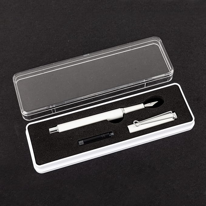 AIHAO Refillable Fountain Pen, Fine Point, Black Ink, 2 Ink Cartridges in one Set, Pear White, Metal Pen