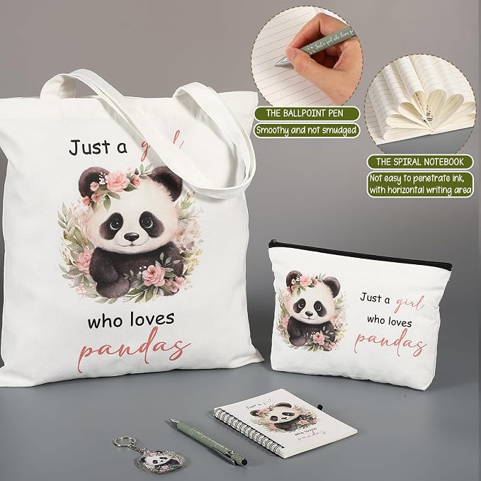 Kinlop 5 Pcs Panda Gifts for Women Include Just a Girl Who Loves Pandas Tote Bag Canvas Cosmetic Bag Coil Notebook Keychain and Ballpoint Pen for Women Girls