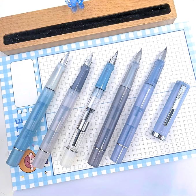 5-Pack Jinhao 58D Fountain Pen Set, Mixed Color 0.5mm Fine Nib Demonstrator | Transparent Resin Fountain Pens with Converter. Includes Pouch & Gift Bag. Ergonomic Design For Daily Office & School Use
