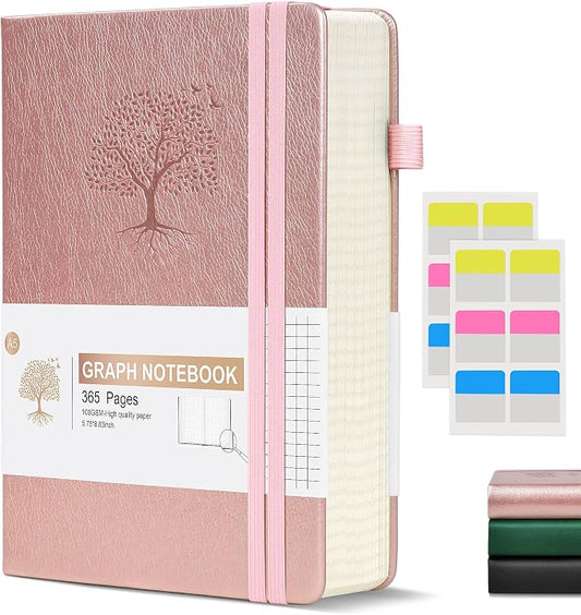 Graph Paper Notebook Journal, 360 Numbered Pages Grid Notebooks, Thick 100gsm Graphing Paper Notebook for Women Men, A5 Large Hardcover Leather Graph Journals for Writing Math 5.75'' × 8.38'' Pink
