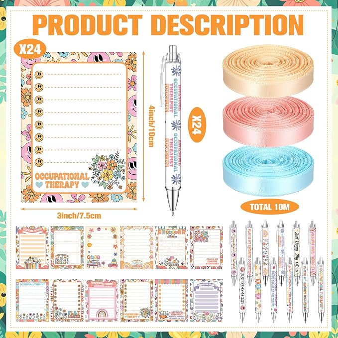 Eaasty 48 Pcs Occupational Therapy Notepads and Ballpoint Pens with Ribbon Bulk OT Month Gifts Thank You Appreciation Gifts for Occupational Therapist Women Coworker Office School Party Favor