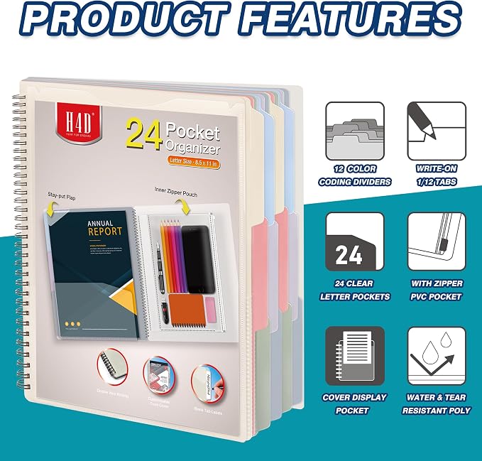 H4D 24 Pocket Poly Project Organizer, Multi Pocket Folder, Pastel Colors | Spiral, Multi-Subject, Folder Notebook, Letter Size