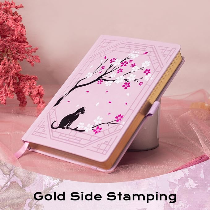 TIEFOSSI A5 Dotted Journal, Cute Cat Journal for Women Girls, Dot Notebook with Pretty Sakura Pattern, Aesthetic Diary for Writing Journaling Drawing, Golden Edges