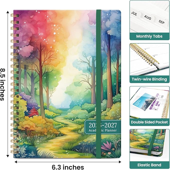Planner 2026-2027, Academic Year Monthly and Weekly Calendar Planner, Jul 2026 - Jun 2027, Hardcover Teacher Student Planning Agenda book with Tabs, Perfect for School Office Supplies, 6.3" x 8.5" - Mystic Forest