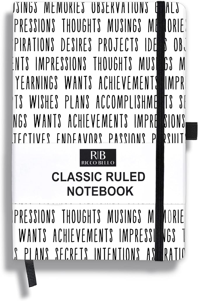 RICCO BELLO Lined Journal Notebook, Goals, Hardcover, 5.7 x 8.4-Inches | 96 Sheets / 192 Pages, College Ruled, Pen Holder, For Work & Notes