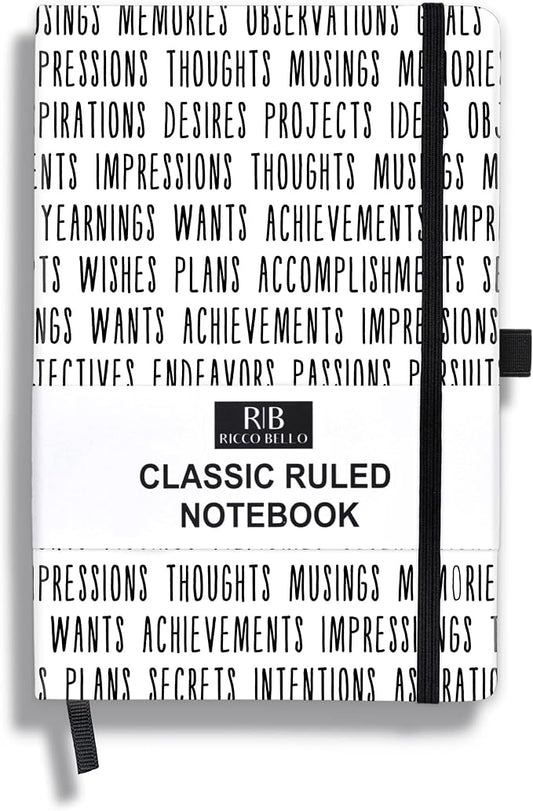 RICCO BELLO Lined Journal Notebook, Goals, Hardcover, 5.7 x 8.4-Inches | 96 Sheets / 192 Pages, College Ruled, Pen Holder, For Work & Notes