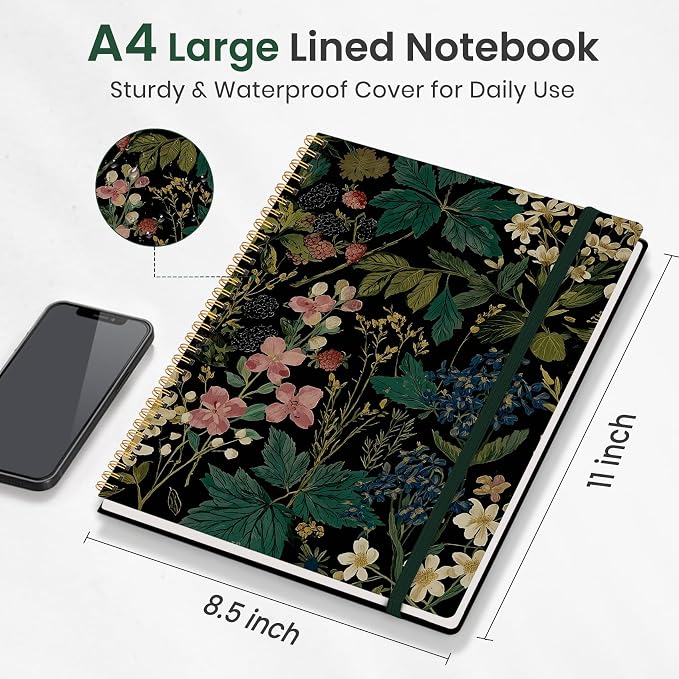 Taja Large Spiral Lined Journal for Women, 8.5" x 11" Notebooks for Work Collge Ruled, A4 Aesthetic Cute Journaling Notebooks for Writing, Plastic Cover, Forest Botanica