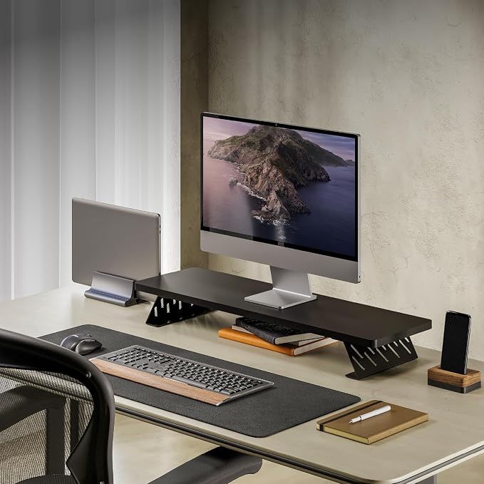 Fenge Monitor Stand Riser, Wooden & Metal Desk Shelf Organizer, Black | 31.5 Inch Computer Stand for Compact Work Station, Multifunctional Monitor Shelf for Laptop, PC, Printer