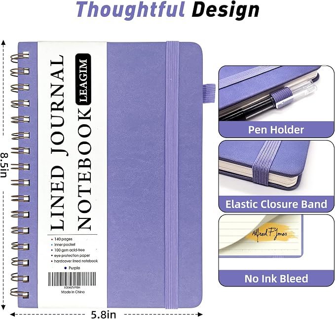 LEAGIM Lined Spiral Journal Notebook for Women & Men, College Ruled Hardcover Notebook for Work & Note Taking, Journals for Writing, 100 GSM, Business, School, 140 Pages, A5(5.8"x8.5") - Purple