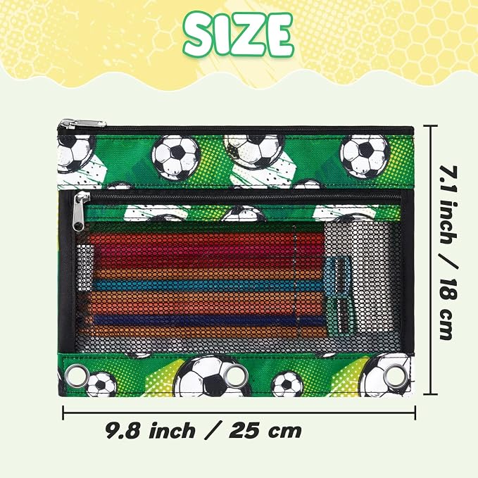 WAWSAM Soccer Pencil Pouch for 3 Ring Binder, Zipper Pencil Pouch for Boys | 2 Pocket Clear Window Pencil Case, 3 Ring Pencil Pouch for School Supplies, Pencil Bags for Office College
