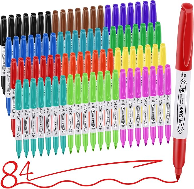 12 Colors Permanent Markers， 84 Pack colored marker sets, Assorted Colors Marker，Fine Point， Permanent Markers Bulk, Fast Dry, Waterproof, work on Plastic, Glass, Metal, Wood and Stone