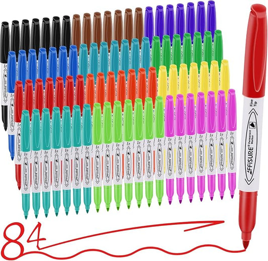 12 Colors Permanent Markers， 84 Pack colored marker sets, Assorted Colors Marker，Fine Point， Permanent Markers Bulk, Fast Dry, Waterproof, work on Plastic, Glass, Metal, Wood and Stone