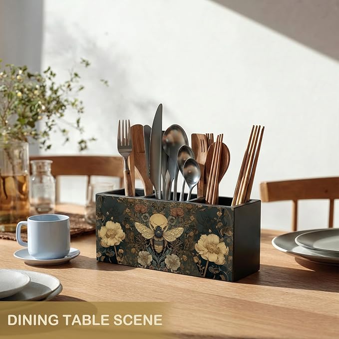 William Morris Inspired Bee Wooden pencil holders & pen holders | Bee Desk Accessories, Art Nouveau Dark Cottagecore Floral Insect Makeup Brush Toothbrush Holder Organizer for Bathroom Vanity