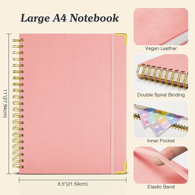 Spiral Notebook 8.5" x 11",300 Numbered Pages Lined Notebooks College Ruled | 100GSM Thick Journal for Women Men, Hardcover Leather Lined Journal for Writing, Large A4 Notebooks for Work School,4 Contens